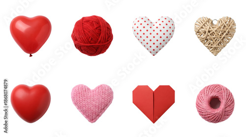 Heart shape craft set including balloon, yarn, woven wood, paper origami, and knitted fabric variants isolated. Romantic valentine and hobby decoration collection.