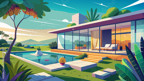 Modern seaside villa backyard with glass walls and minimalist garden