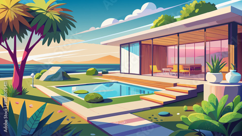 Modern seaside villa backyard with glass walls and minimalist garden