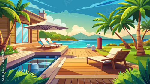Coastal villa yard with wooden deck, lounge chairs, and ocean horizon view