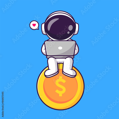 Cute Astronaut Working With Laptop on Gold Coin Cartoon