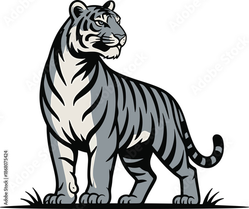 Majestic tiger in grayscale with bold stripes stands firm, a symbol of strength