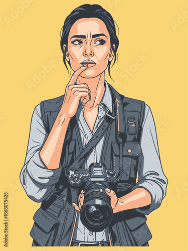 Thoughtful female photographer holding professional camera equipment.