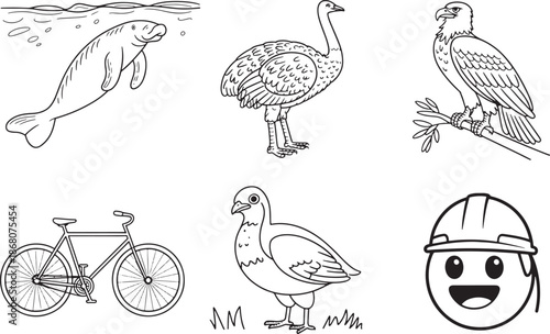 Collection of six diverse line drawings featuring animals and objects
