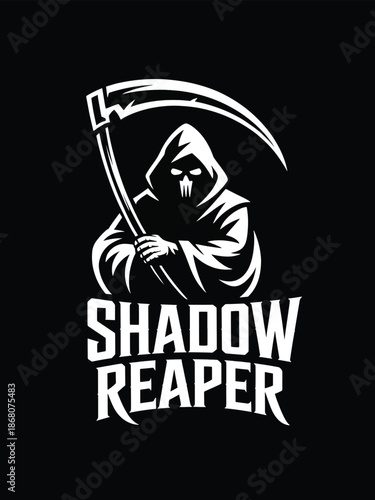 menacing shadow reaper character logo with a large scythe perfect for gaming or merchandise