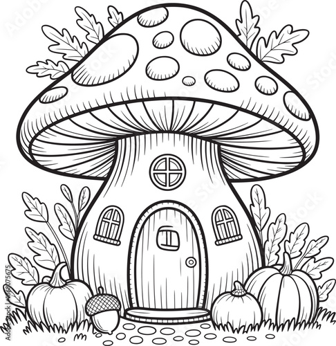 mushroom house with tiny lanterns and autumn accents vector illustration line art royalty free stock photos premium quality