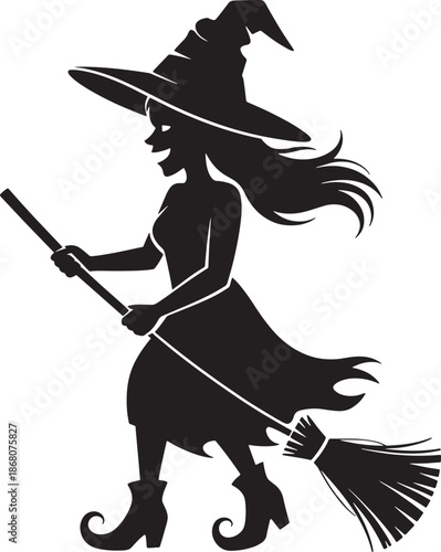 Mystical witch flying on a broomstick, perfect for Halloween celebrations and spooky designs