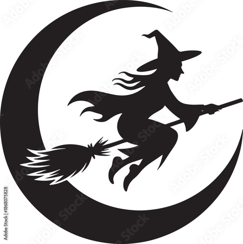 witch flying on a broomstick on half moon for Halloween celebrations