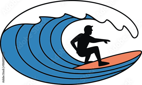 Ocean rider graphic design featuring a surfer on a vibrant blue wave with white foam