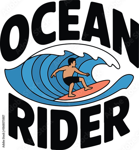 Ocean rider illustration featuring a surfer on a vibrant blue wave capturing the spirit of summer fun