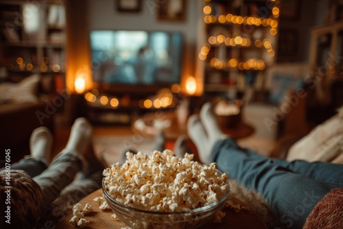 Couple relaxing at home watching movie with popcorn