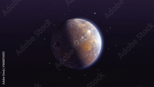 Planet in Outer Space with Cratered Surface.