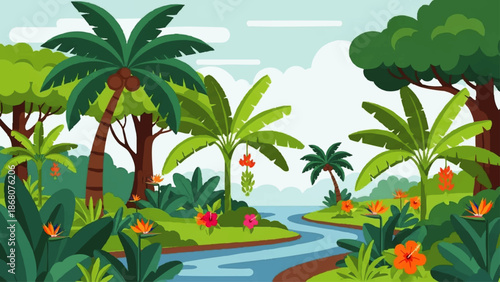 Tropical Jungle Scene with Palm Trees.