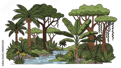 Tropical Jungle Scene with Trees and Foliage.