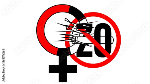 A vector graphic illustration of a broken cigarette with a red prohibition sign overlaid on female and male gender symbols