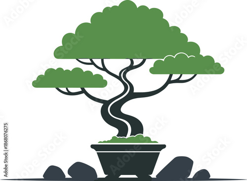 Bonsai tree illustration in pot, modern flat design green plant graphic, minimalist nature art symbol for gardening, zen decor, and eco concepts