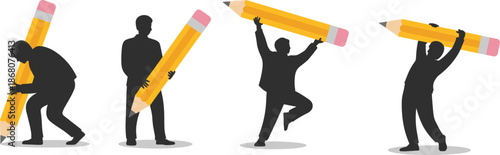 Creative people silhouette illustration holding giant pencil, teamwork and creativity concept art, education and idea development visual for business, learning, and design themes