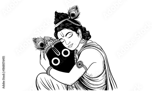 Lord Krishna and Jagannath Hugging Vector Illustration, Devotional Hindu Art in Line Drawing Style, Spiritual Connection and Bhakti Concept, Religious Indian Culture Graphic Design Element