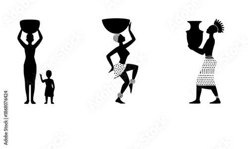 African Women Carrying Water Pots Illustration, Black Silhouettes of Tribal Figures and Child on White Background, Traditional Village Life Vector Art, Cultural Ethnic Diversity Graphic Design