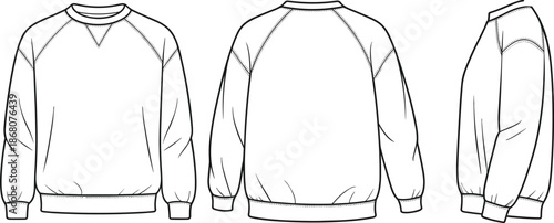 Crewneck sweatshirt line art illustration set, front back and side views, modern casual pullover fashion technical drawing for apparel design, manufacturing, and textile production