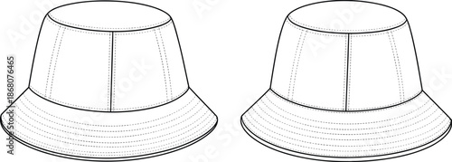 Bucket hat line art illustration, front and back view headwear outline, modern casual fashion accessory technical drawing for apparel design, branding, and textile production