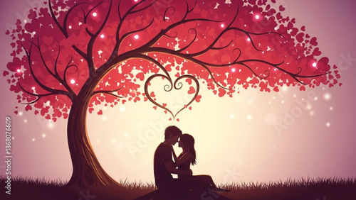 A romantic couple kissing under a heart-shaped tree with pink leaves at sunset