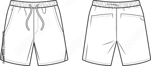 Men casual shorts line art illustration, front and back view elastic waist drawstring shorts outline for apparel fashion design, tailoring, and textile production