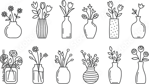 Minimal floral vase line art collection, hand drawn flowers in modern pots, simple botanical illustrations for home decor, prints, branding, and creative design