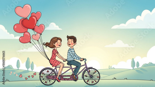 A cartoon illustration of a happy couple riding a bicycle together with heart balloons