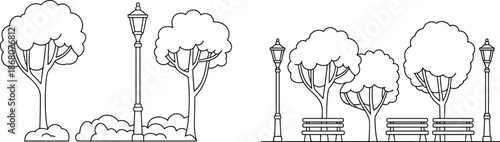 Park landscape line art illustration with trees, benches and street lamps, simple outdoor nature scene outline for urban design, coloring pages, and illustration projects