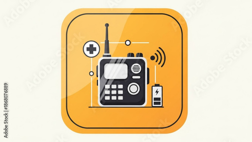 A vector graphic illustration of a walkie-talkie with medical and communication symbols