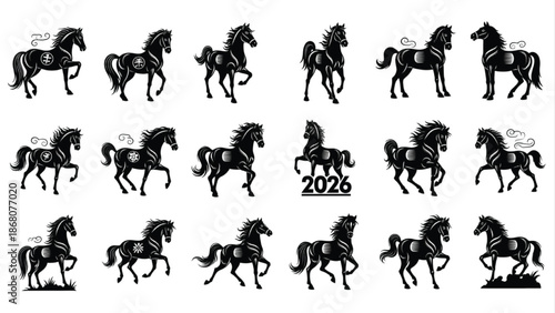 Year of the Horse 2026 Black Horse Silhouette Set Chinese New Year Zodiac Icons