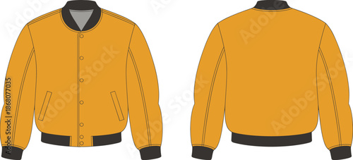 Varsity bomber jacket color illustration, front and back view modern casual outerwear design, sporty fashion technical drawing for apparel branding and textile production