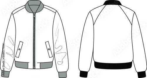 Varsity bomber jacket line art illustration, front and back view modern casual outerwear outline for fashion apparel design, branding, tailoring, and textile production
