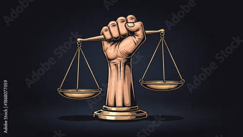 A vector graphic illustration of a clenched fist holding the scales of justice in a powerful symbol of law and equality