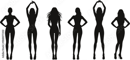 Elegant Female Body Silhouette Poses Set Standing Confidently Isolated on White Background Vector.