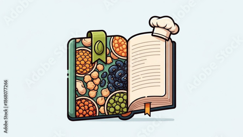 Cookbook with Fruits and Vegetables Illustration, Chef Hat on Cover, Isolated on White Background