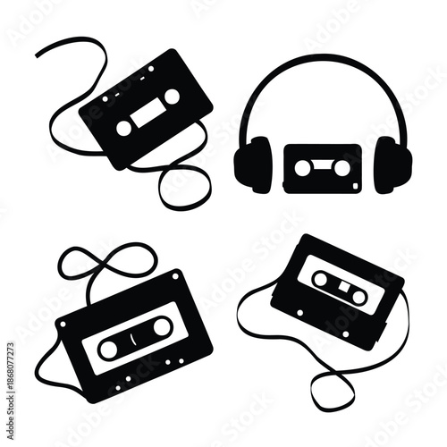 Retro music elements: vintage audio cassette tape and headphones Vector