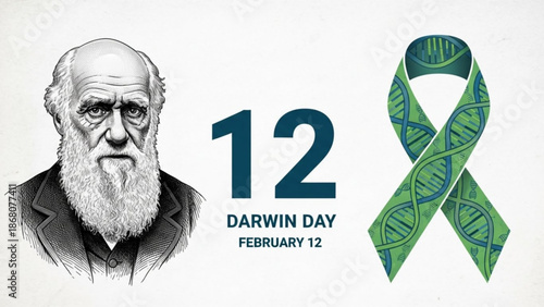 A vector graphic illustration of Charles Darwin and a DNA ribbon for Darwin Day on February 12