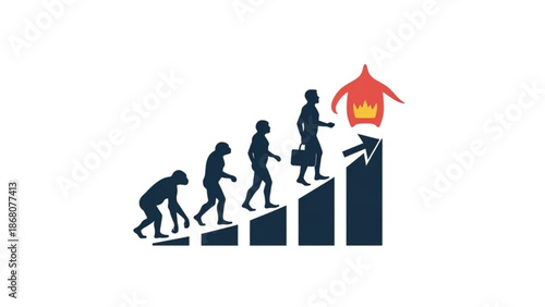 A vector graphic illustrating human evolution from ape to businessman climbing a bar graph to a burning house