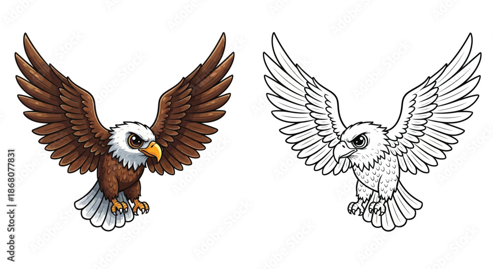 Fototapeta premium Flying Eagle Illustration Featuring Two Versions With Color and Black and White Line Art