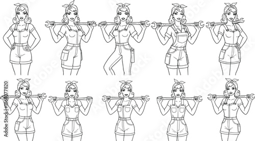 Vintage Pin Up Girl Workout Poses Set with Barbell Fitness Line Art Vector.