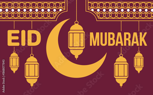 Celebrating eid mubarak with crescent moon and hanging lanterns in islamic culture Vector illustration