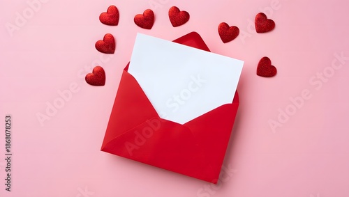 Red envelope with blank white card and small hearts on pink background
