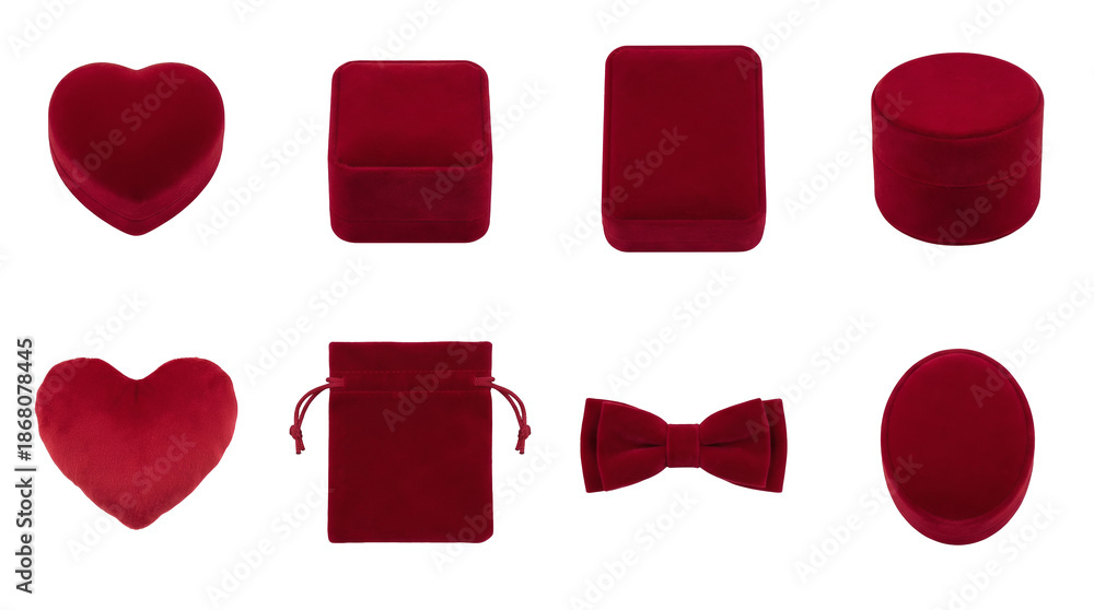 Fototapeta premium Red velvet gift boxes and accessories set including heart, square, rectangular, round, oval shapes, drawstring pouch, and bowtie isolated. Luxury jewelry packaging collection.