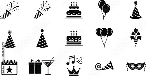 Party Celebration Icons Set with Birthday Cake Balloons Gifts and Festive Symbols Vector.