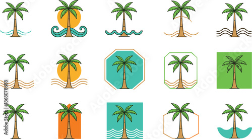 Palm Tree Icons Set with Tropical Beach Summer Nature Symbols Flat Vector Illustration.
