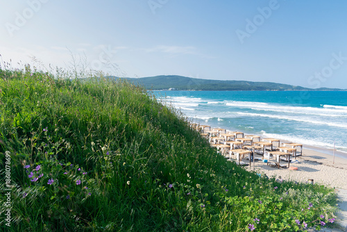 Sunny beach with sand dunes and blue sky in Bulgaria
