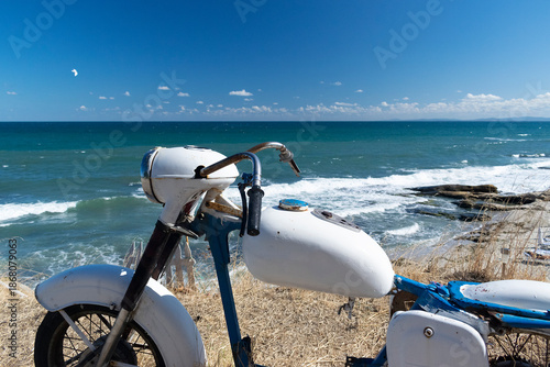 Retro cross bike on the beach in Ravda resort in Bulgaria