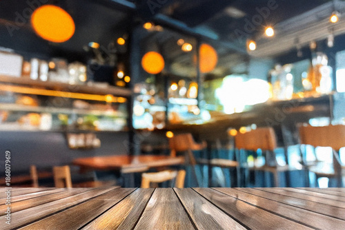 wood table in blurry background with fast food restaurant